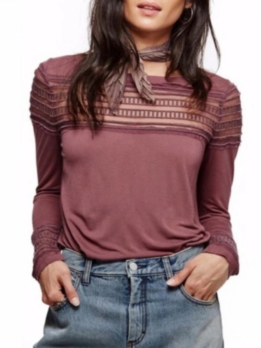 Free People | Roxie Mauve Lace-Yoke Long Sleeve Top